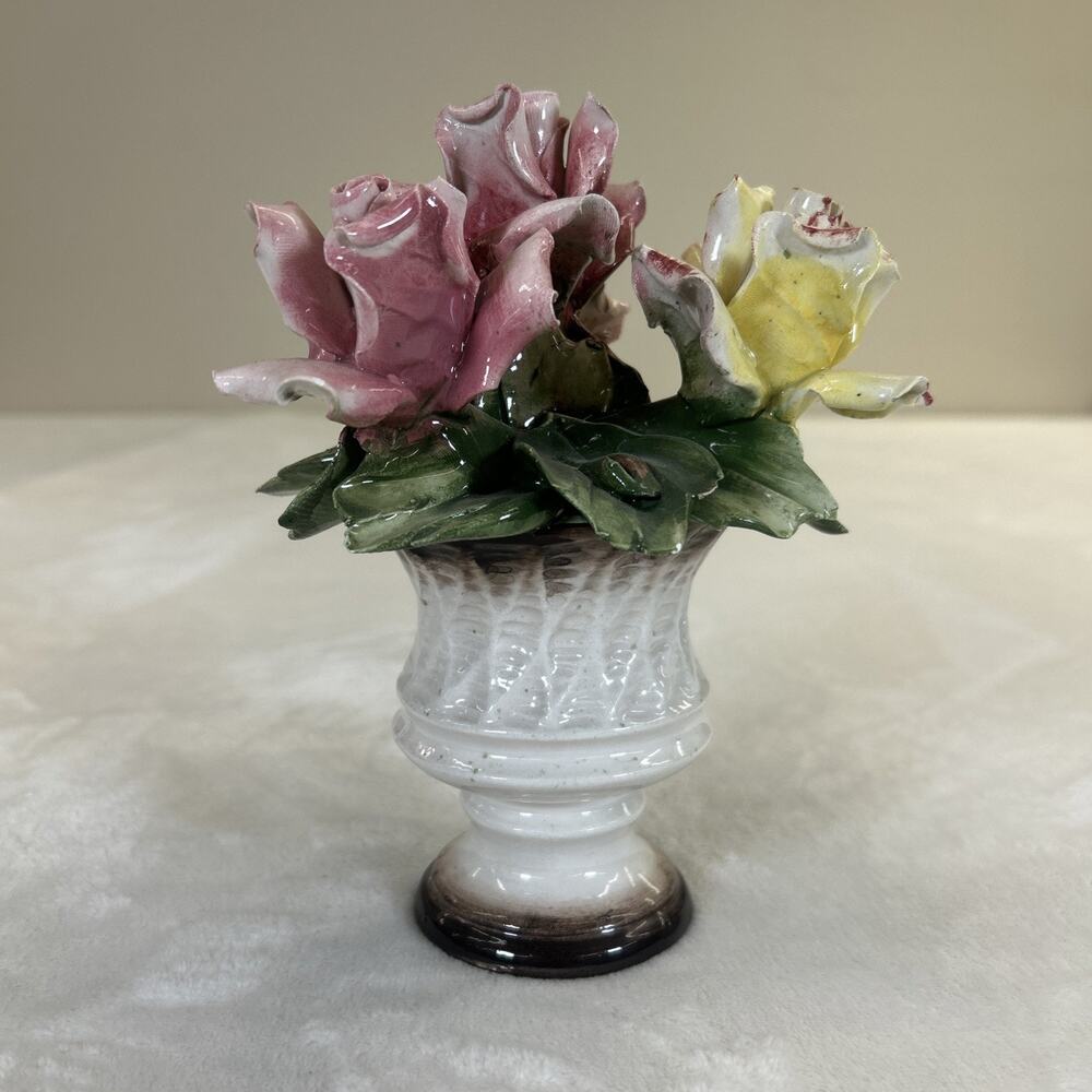 Vintage Nuova Capodimonte Porcelain ROSES in Vase Pink & Yellow Benefits Charity